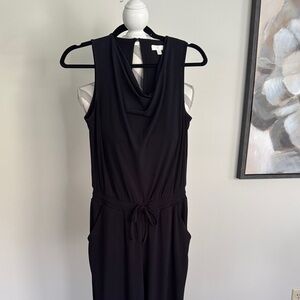 C Sleeveless Black Cowl-Neck Jumpsuit with Drawstring Waist